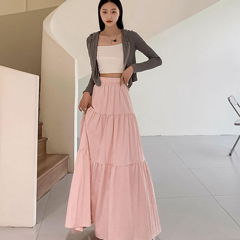 2026 New Style Women's Pink French Cake Skirt with Elastic Waistband - Spring/Summer Loose Slimming Half Skirt