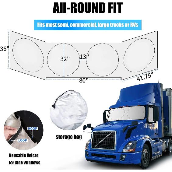 Semi-Truck Sun Shade For Windshield And Side Window | 300T High Density UV Protection Sunshade Reflects 98% UV,Semi Trucks Shade Accessories,Best For