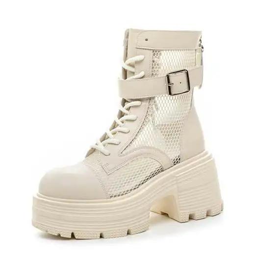 Fashion 9CM Air Mesh Patent Leather Boots Chimney Hollow Ankle Booties Women Moccasins Summer Motorcycle Sandals Fashion Shoes Sandals