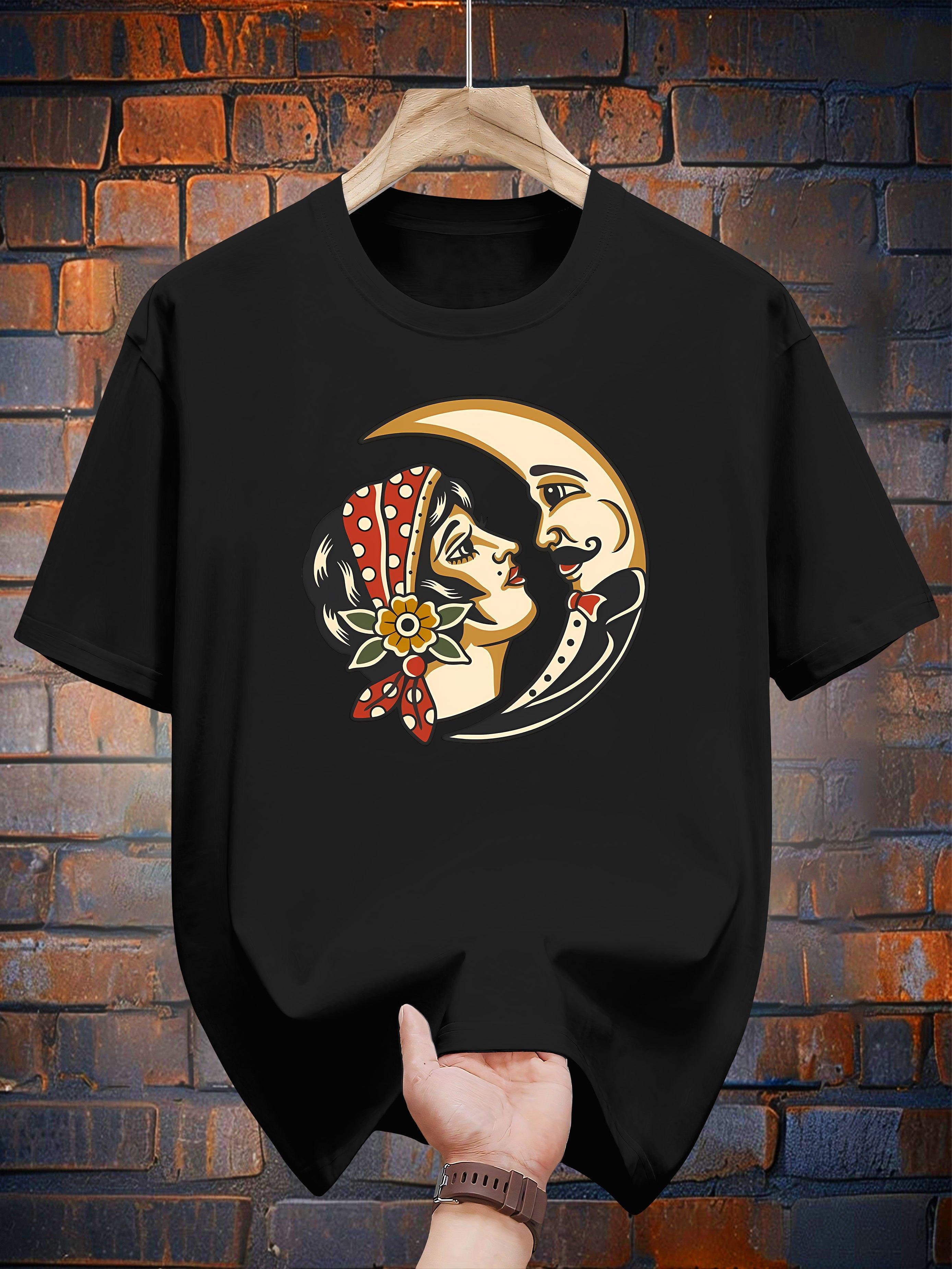 

200g 100% Cotton Short Sleeve T-shirt with Bold Floral Crescent Moon Graphic Print - Regular Fit Casual Summer Tee L