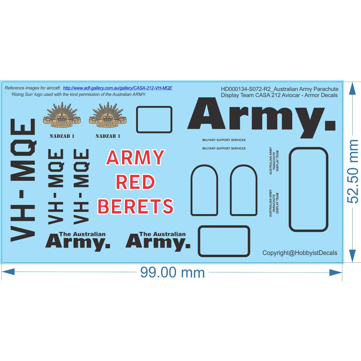 Australian Army Parachute Display Team CASA 212 Aviocar - 1/48 1/72 - Armor Decals - Waterslide, 1/72