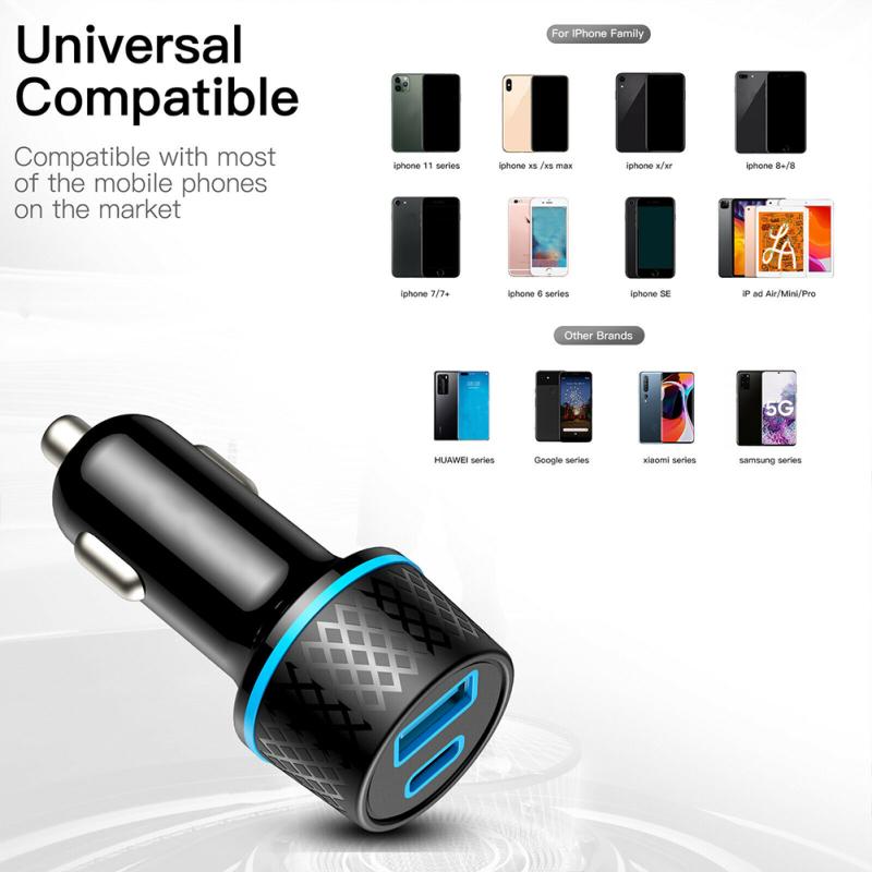 Qc3.0 Usb Car Charger Dual Channel Pd20w Ultra-fast Charging Adapter With Blue Soft Led Light For