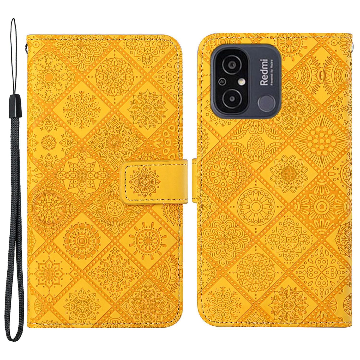 

For Xiaomi Redmi 12C 4G Imprinted Flower Phone Cover Wallet Leather Protective Phone Case Stand Yellow