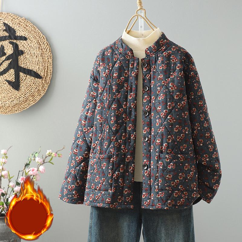 Autumn and Winter Retro Floral Thiened Cotton Jacket Stand Collar Warm Versatile Winter Coat for Women Large Size Commute Sle Print Ket