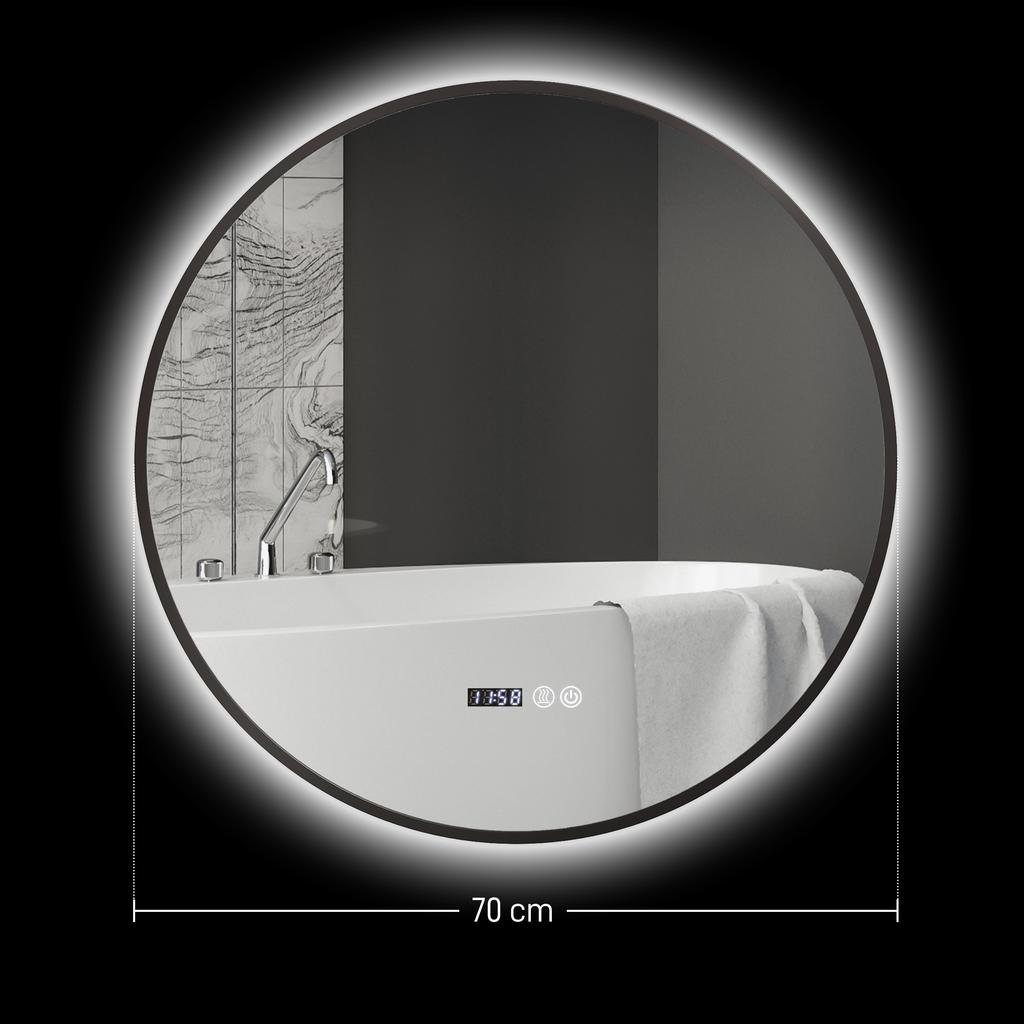Round Bathroom Mirror With LED Lighting Dimmable Anti Fog Function Touch Switch Black