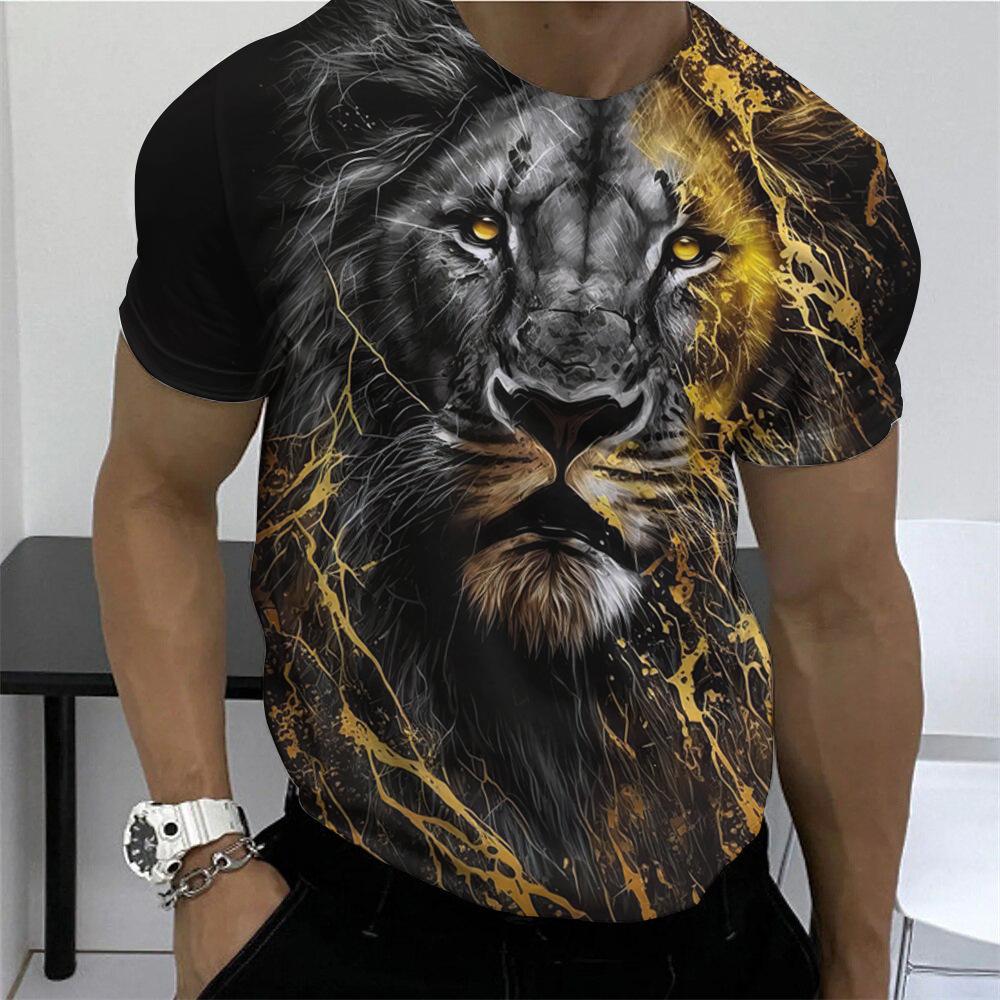 Men's T-shirt Men's Short Sleeved Tiger Lion Animal 3D Printed Round Neck Short Sleeved T-shirt