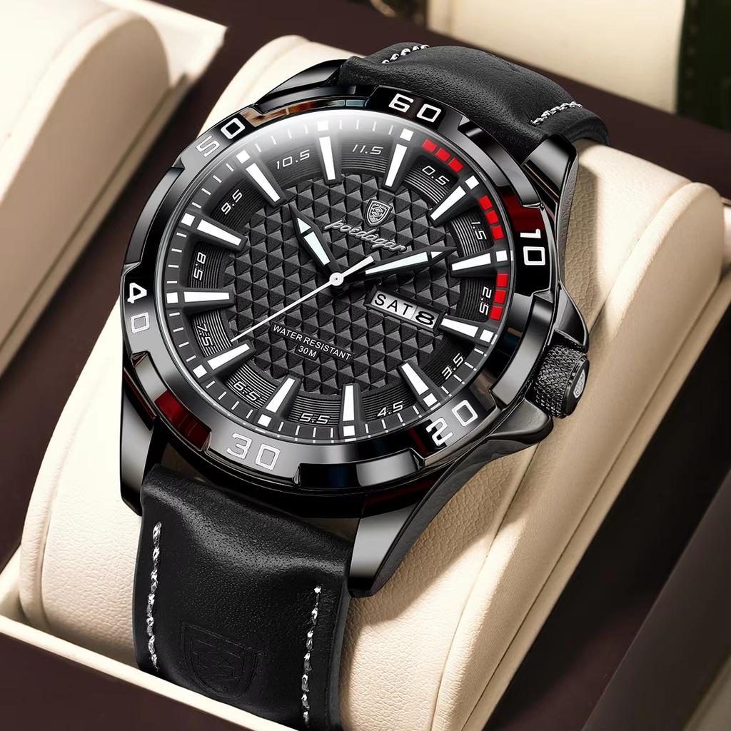 Top Luxus Wasserdichte Leuchtende Datum Woche Uhr Für Herren Quarz Sport Leder Herrenuhren