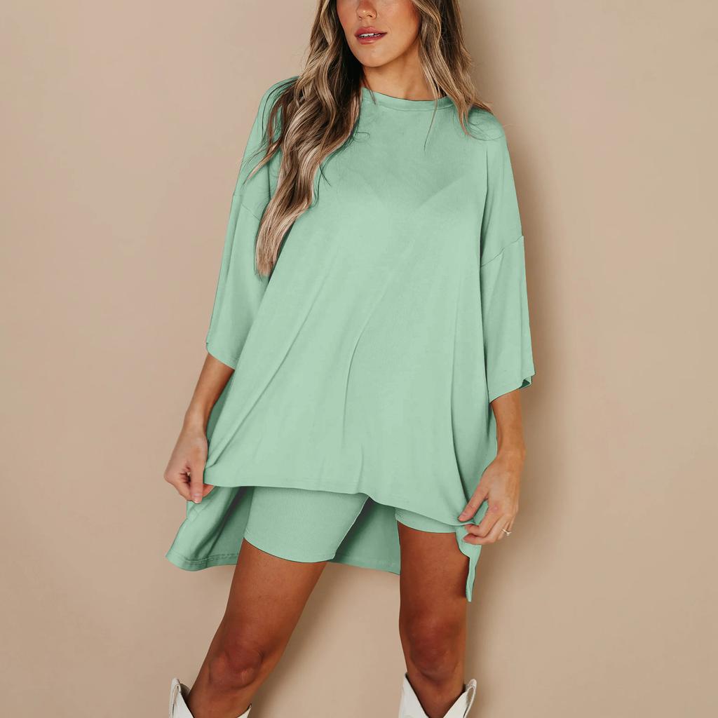 2-teiliges Set für den Sommer mit Rundhalsausschnitt, kurzen Ärmeln, überschnittener Schulter, Oberteil und Bar Skinny Yoga Biker Shorts für große Kinder