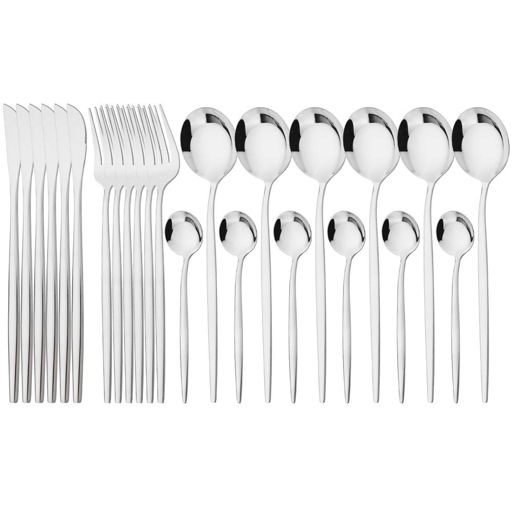 24pcs Blue Silver Dinnerware Set Dinner Knife Fork Tea Spoon Cutlery Set Stainless Steel Tableware Western Home Kitchen Flatware