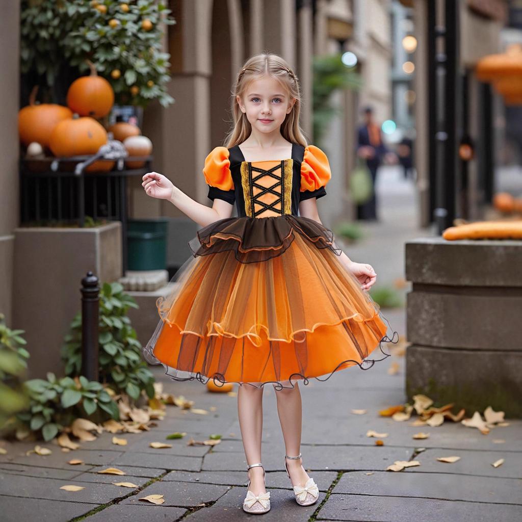Girls Princess Dress Halloween Costume Cosplay Witch Dress Bubble Sleeve Pumpkin Mesh Tutu Children Princess Dress Mesh Skirt