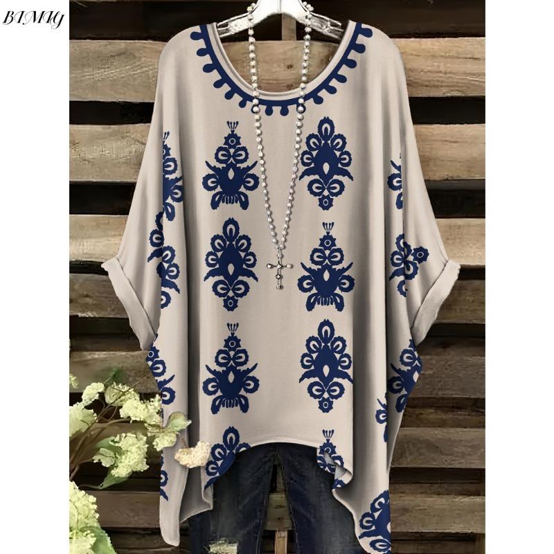 Summer Women s Elegant Bohemian Two-Tone T-Shirt - Heart Floral Print with Butterfly Round Neck Casual Blouse Boho Lovers L