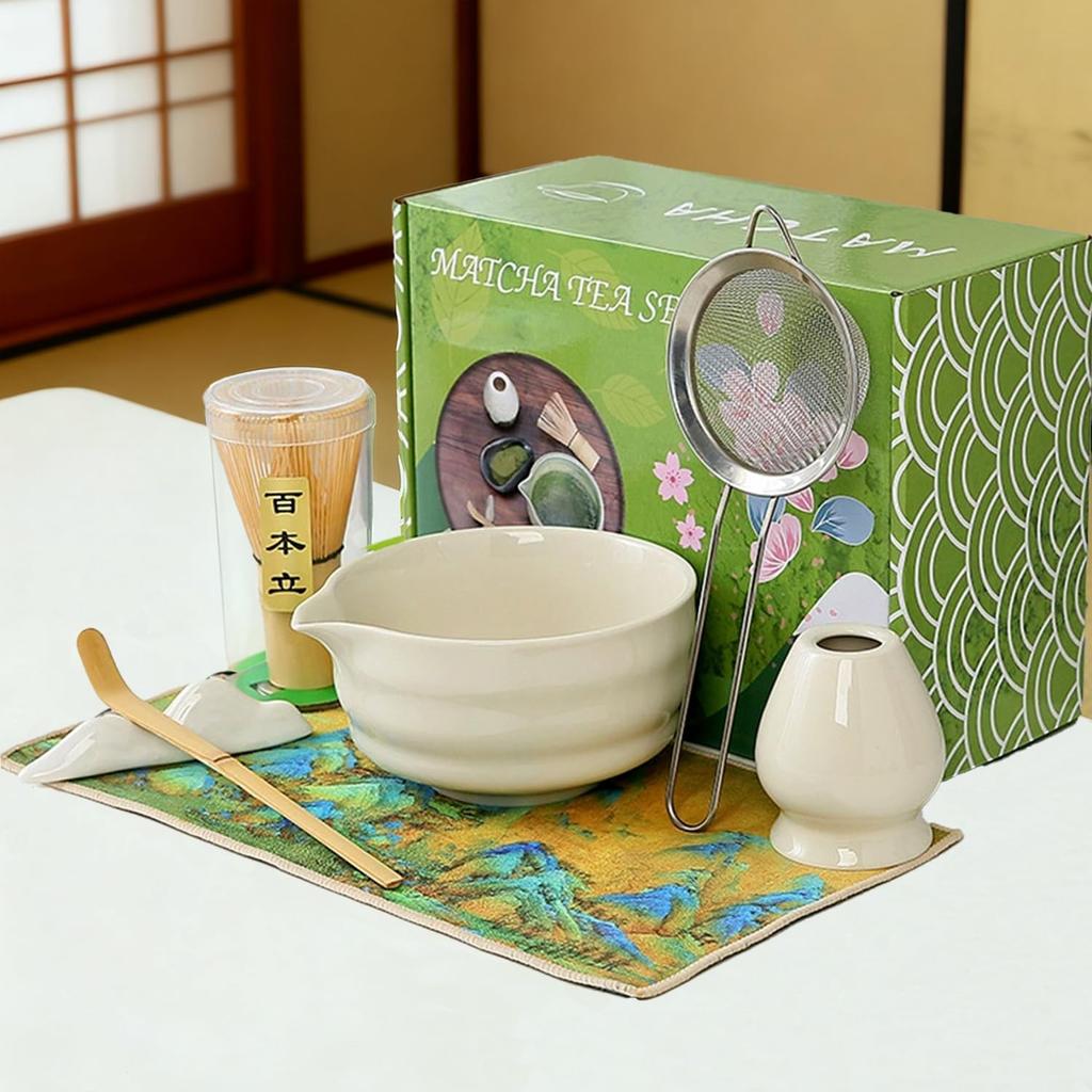 Matcha set tea ceremony tools 7 pieces full bowl chasen chashaku holder cloth strainer filter experience handmade glazed practice home use Japanese