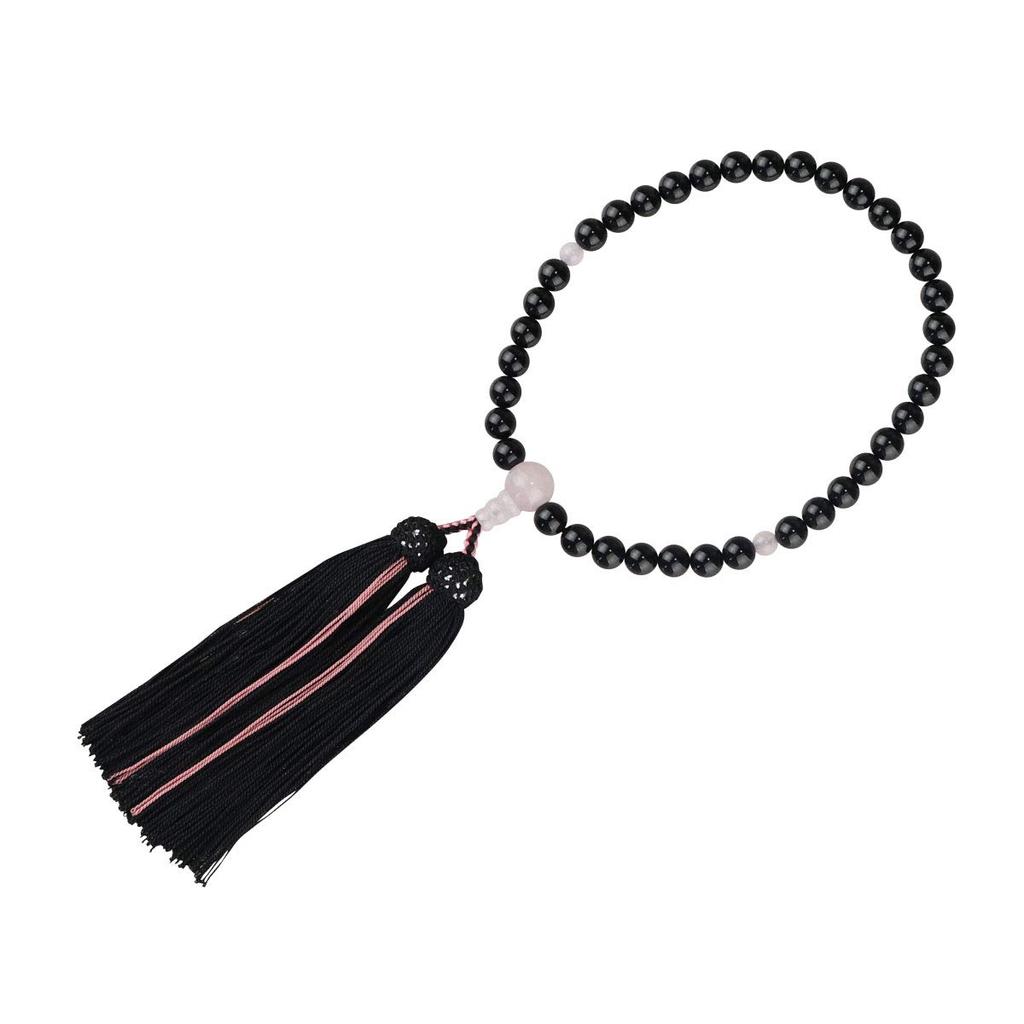 Women's Buddhist Prayer Beads, Informal, Kyoto Style, Suitable for All Sects, 7mm Onyx with Red Quartz and Black and Pink Lines