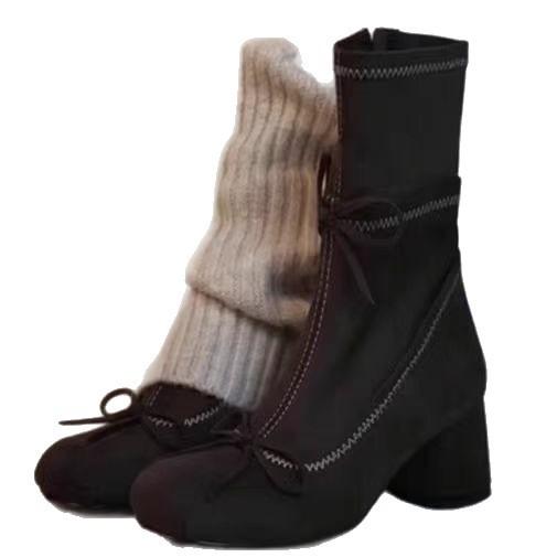 Sheepskin version~ Korean daughter bow thin boots women's comfortable round head sleeve thick heel Martin boots fashion boots