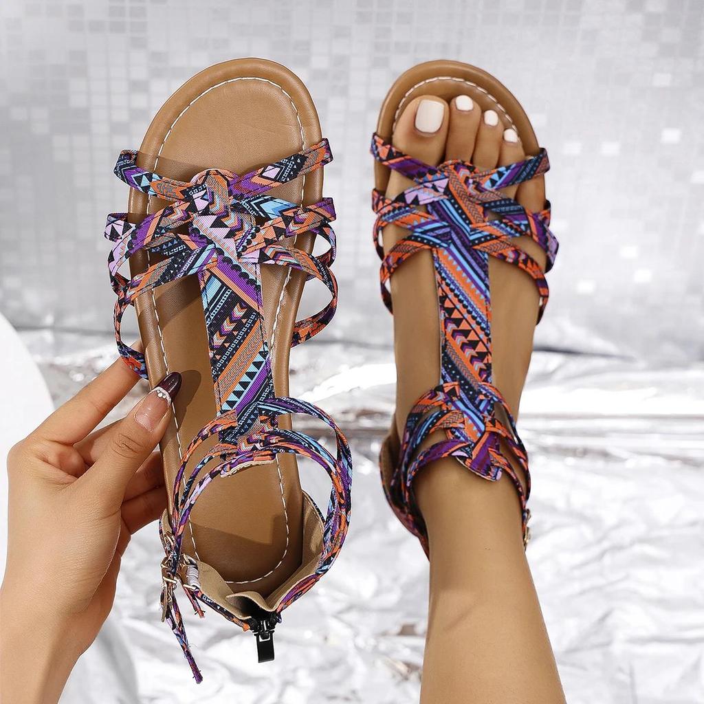 2025 Summer Women's Roman Sandals Flat Heel Wrap Rear Zipper Open Toes Women Sandalias Dress Beach Anti-slip Zapatillas De Mujer