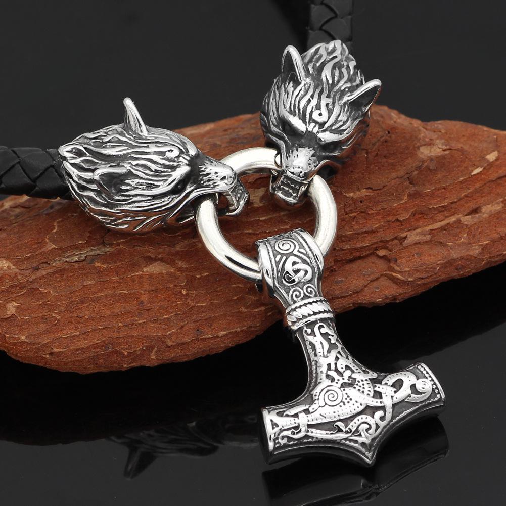European Viking Wolf Head Leather Necklace with Thor s Hammer Pendant - Trendy Men s Jewelry