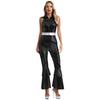 Women 70s Disco Costume Jumpsuit S-3XL - Shiny Metallic Lapel Collar Sleeveless High Waist Flared Disco Dance Singer Outfit