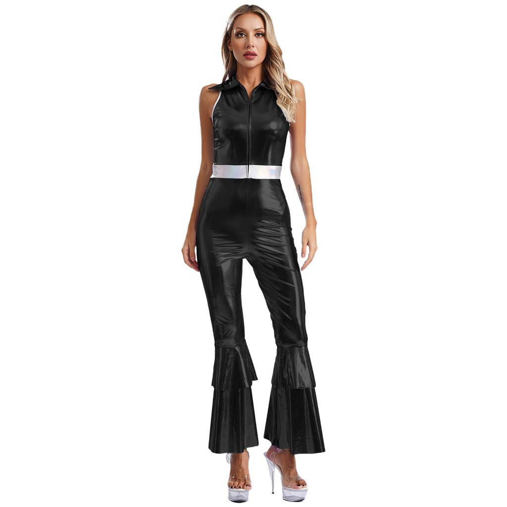 Women 70s Disco Costume Jumpsuit S-3XL - Shiny Metallic Lapel Collar Sleeveless High Waist Flared Disco Dance Singer Outfit