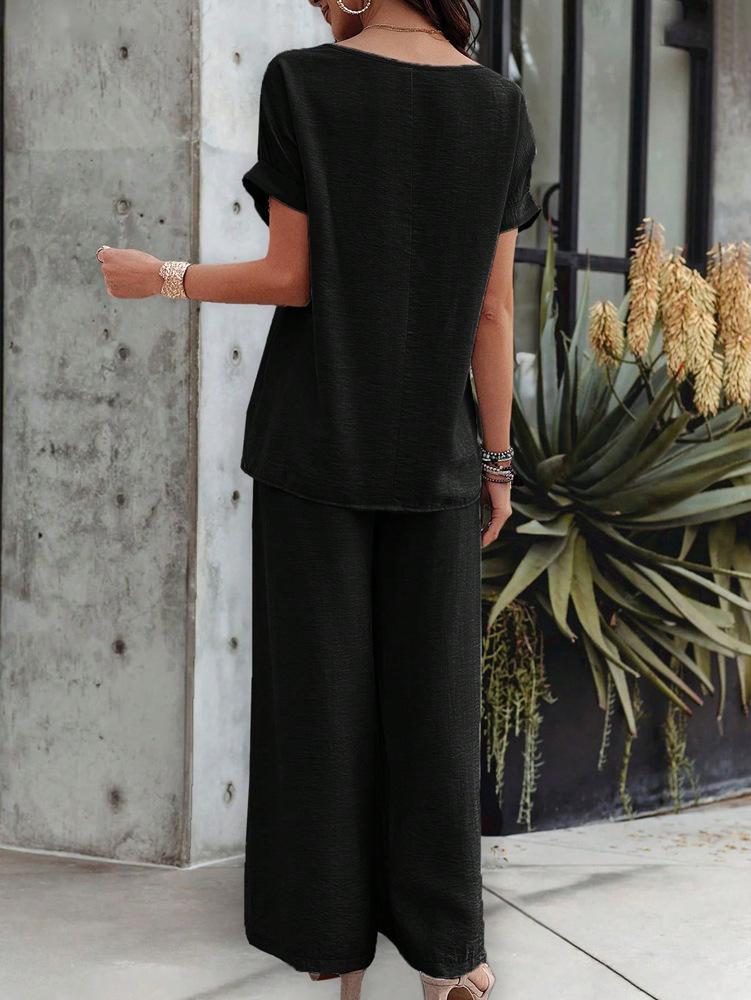 Women's Casual Fashion Solid Color Short Sleeve Long Pants Set