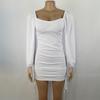 Long Sleeve Bodycon Dress Women Low Neck Rib Sexy Slim Fit Drawstring Pleated Wrapped Hip Mini Dress