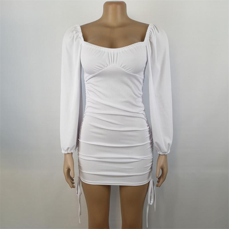 Long Sleeve Bodycon Dress Women Low Neck Rib Sexy Slim Fit Drawstring Pleated Wrapped Hip Mini Dress