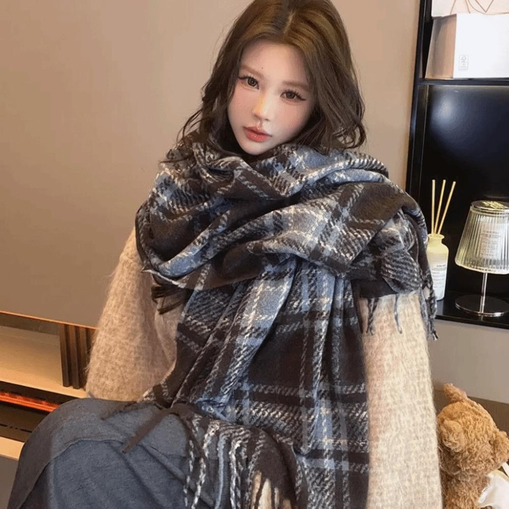 Plush Winter Cashmere Scarves Tassel Long Shawl Simple Plaid Wool Scarf Student