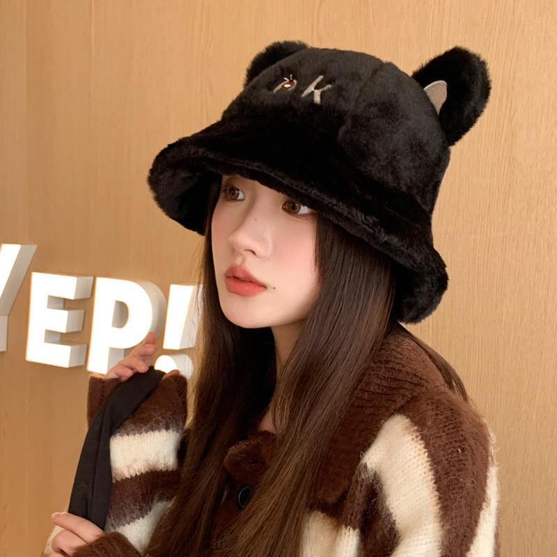 Ok Ear Bear Letter Embroidery Plush Fisherman Hat Bucket Cap Protection Sun