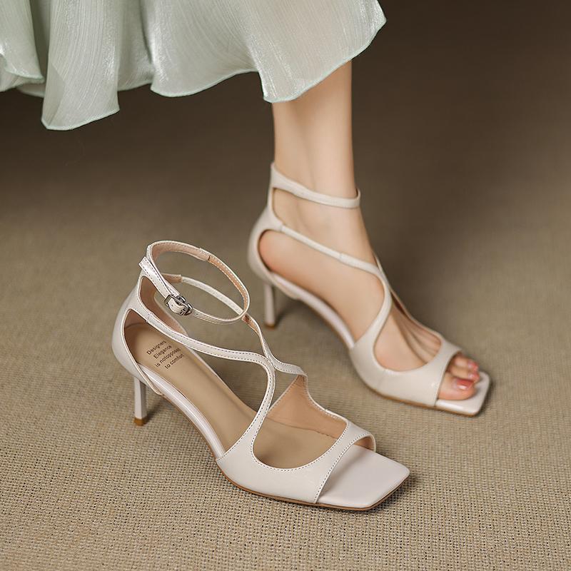 Fashion 2025 Summer Women Shoes Peep Toe Women Sandals Split Leather Pumps Slingback Elegant Gladiator High Heels Party Shoes