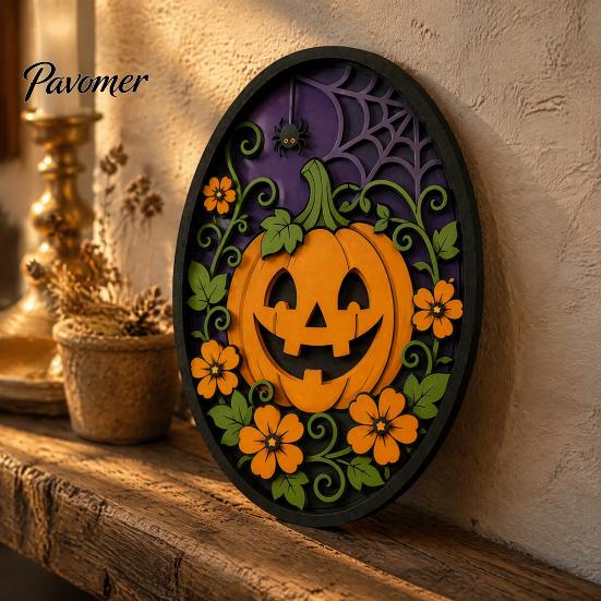Festive Halloween Wall Accents Oval Sign, Layered Wooden Decor Cute Ghost Bat Spooky Home Decorations Pumpkin Witch Designs, Art Decoration