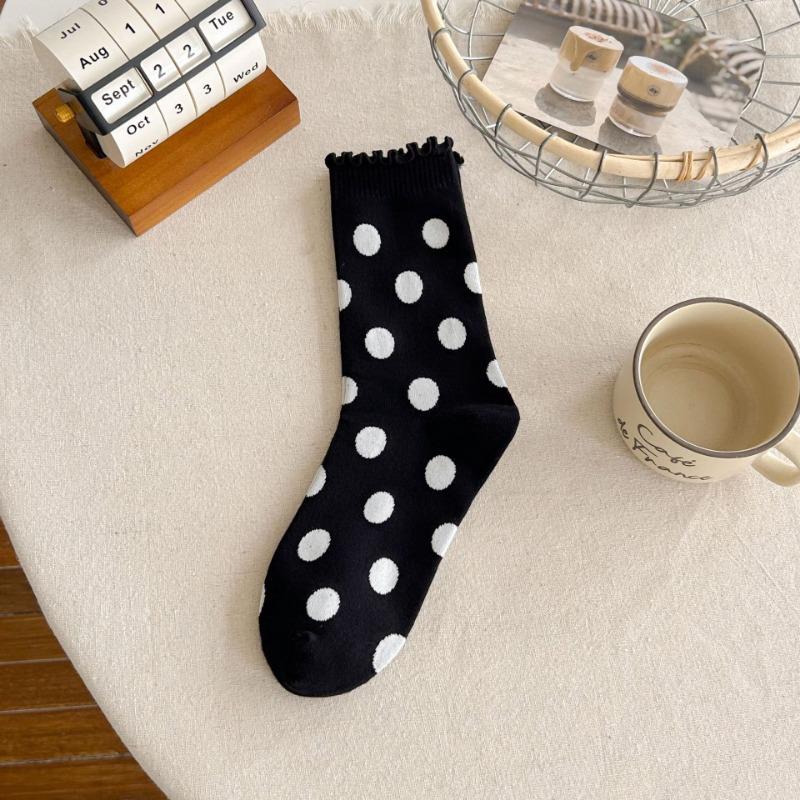 Polka Dot Socks, Women's Mid-calf Socks, Black Fungus Edge Pile Socks, Cotton Lace Long Calf Socks for Autumn and Winter, Women