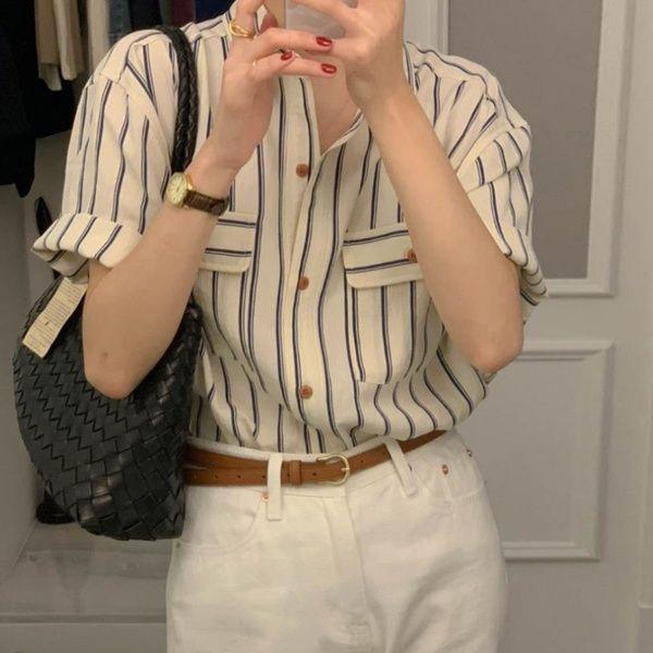 

Women s Retro French Korean Striped Short Sleeve Sun Protection Shirt 3XL