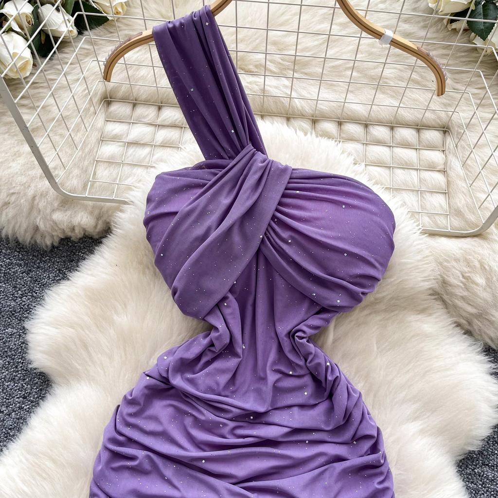 Summer Women One Shoulder Strapless Sexy Bling Bling Slim Sheath Bodycon Mini Short Club Party Dresses