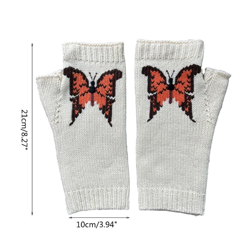 Embroidery Butterfly Pattern Knitted Gloves Winter Half Finger Thicken Warm Christmas Long Gloves for Girlfriend
