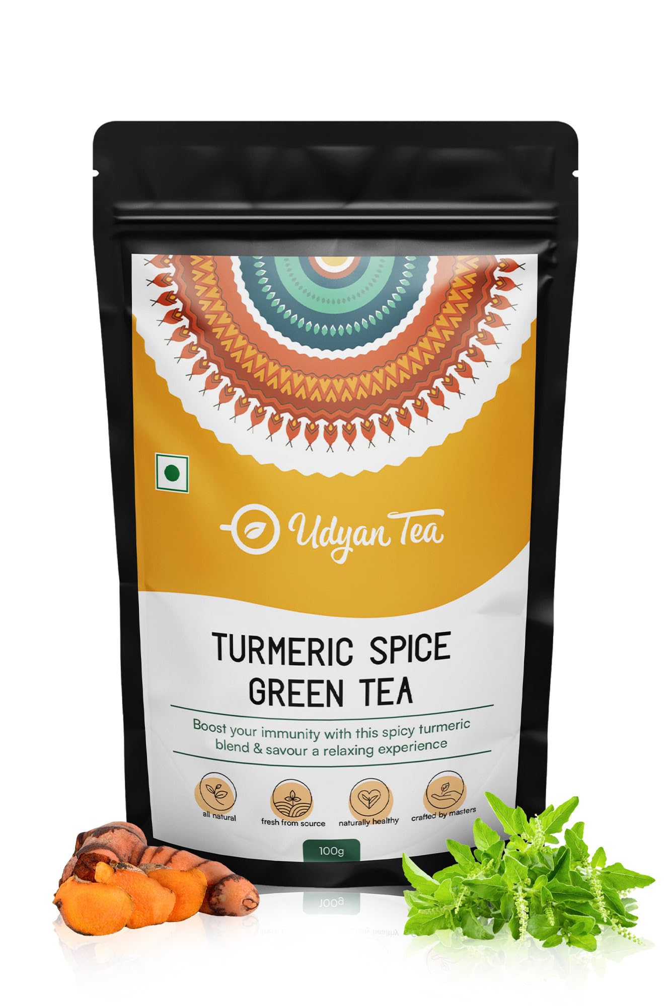 Udyan Tea Turmeric Spice Green Tea 100g (50 Cups) | Ayurvedic Blend with Turmeric, Tulsi & Ginger | Bold & Spicy Flavor | Better Immunity &