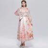 Wunderschönes Blumenwickel-Langarmkleid Damen V-Ausschnitt Laternenärmel Chiffon-Patchwork Dickes Satin-Band-Schnürgürtel Partykleid