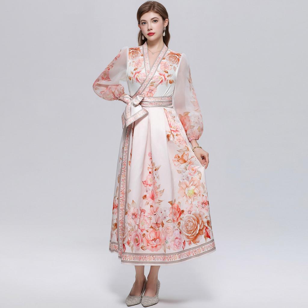 Wunderschönes Blumenwickel-Langarmkleid Damen V-Ausschnitt Laternenärmel Chiffon-Patchwork Dickes Satin-Band-Schnürgürtel Partykleid