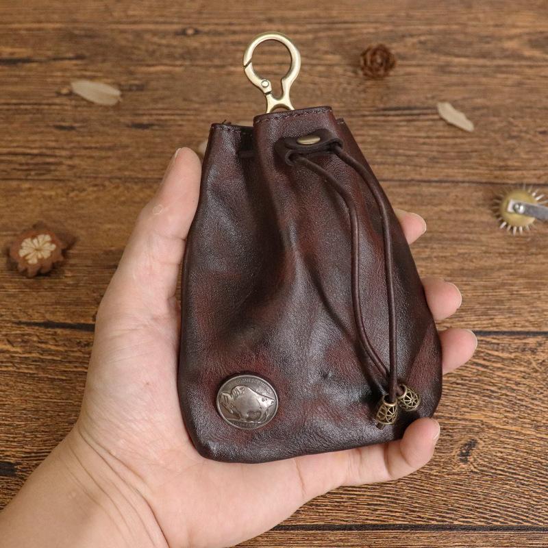 Simple Top Layer Cowhide Vegetable Tanned Leather Retro Women's Sachet Mini Key Bag Card Bag Coin Purse Storage Bag