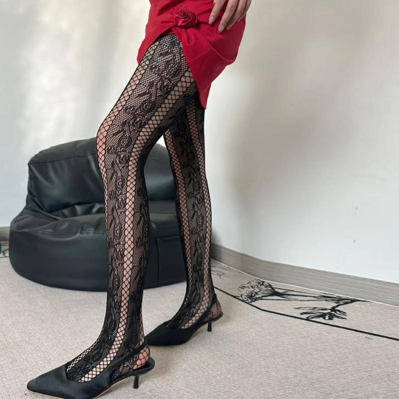 Women French Style Vintage Fishnet Pantyhose Rose Jacquard Patterned Sheer Mesh Tights Side Hollow Out Striped Stockings