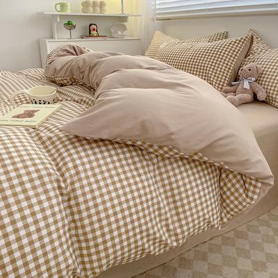 Simple Pure Cotton Four-piece Set, Plaid Washed Cotton Bed Sheet Quilt Cover, Cotton Dormitory Three-piece Set