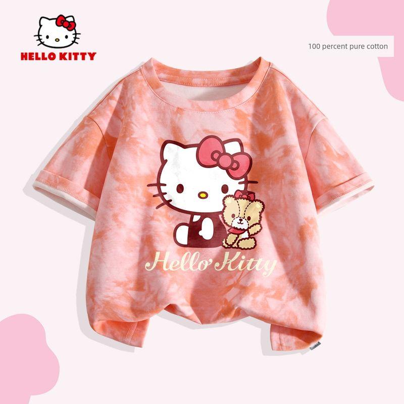 Hello Kitty Girls' Short-Sleeved T-Shirt 2026 New Pure Cotton Rainbow Kidsren's Summer Wear Tie-Dye Cute Clothes Trendy