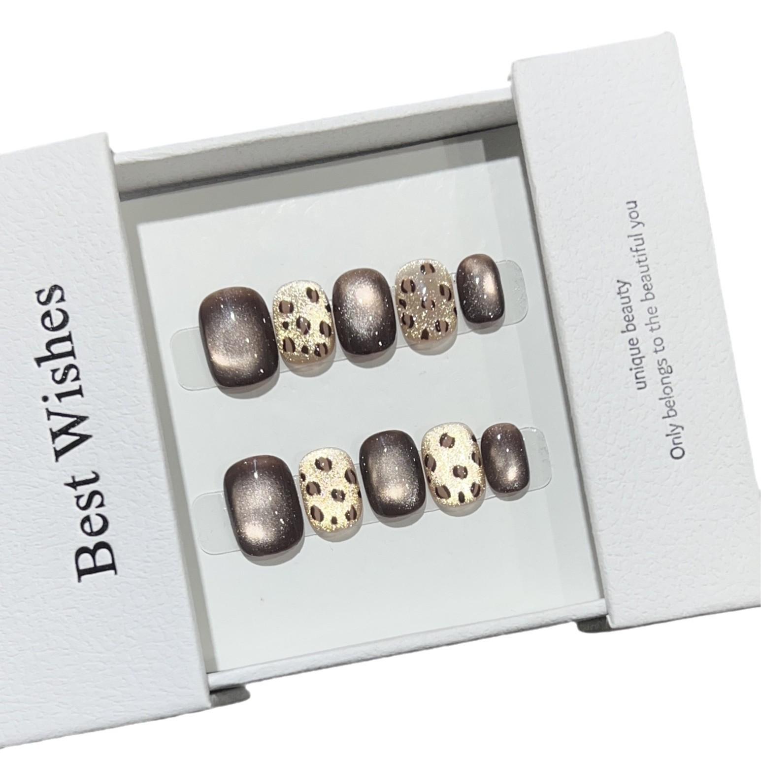 

Осень и Зима Носимая Броня Короткий Коричневый Цвет Кошачий Глаз с Эффектом Хамелеона Золотой Леопардовый Принт Маникюр Съемные Накладные Ногти Ручная Работа Large L