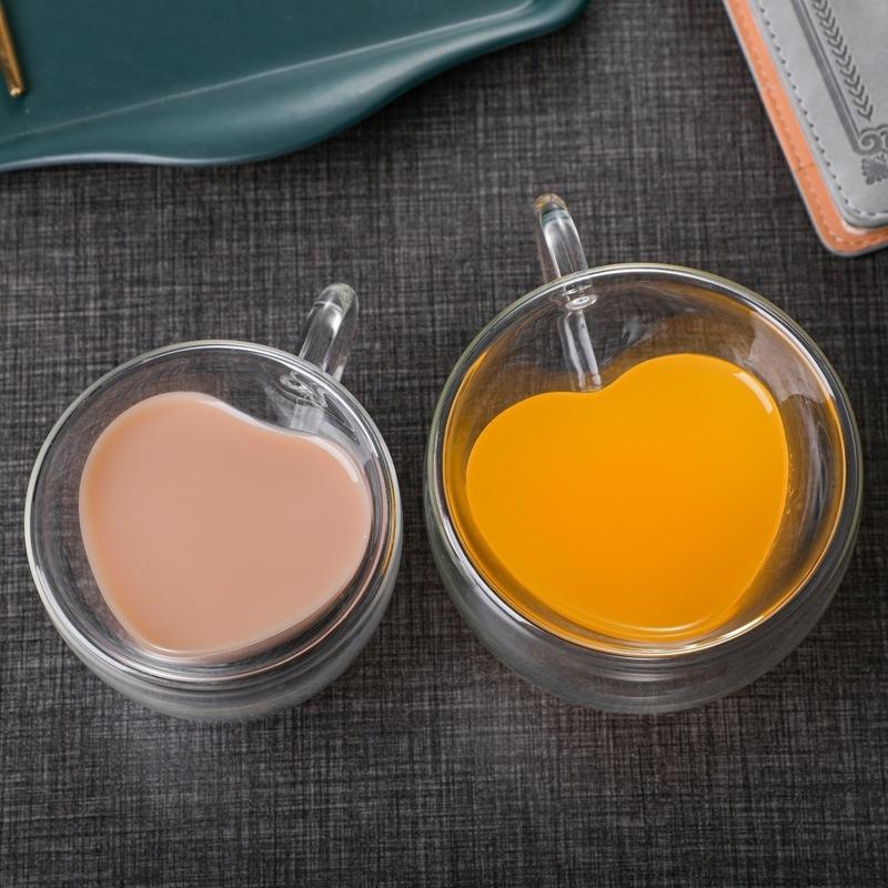 Glass Coffee Mug Cup Heart Love Shape Double Wall Drinking Tea Milk Juice Water Glasses Heat Resistant Drinkware Set Lover Gift