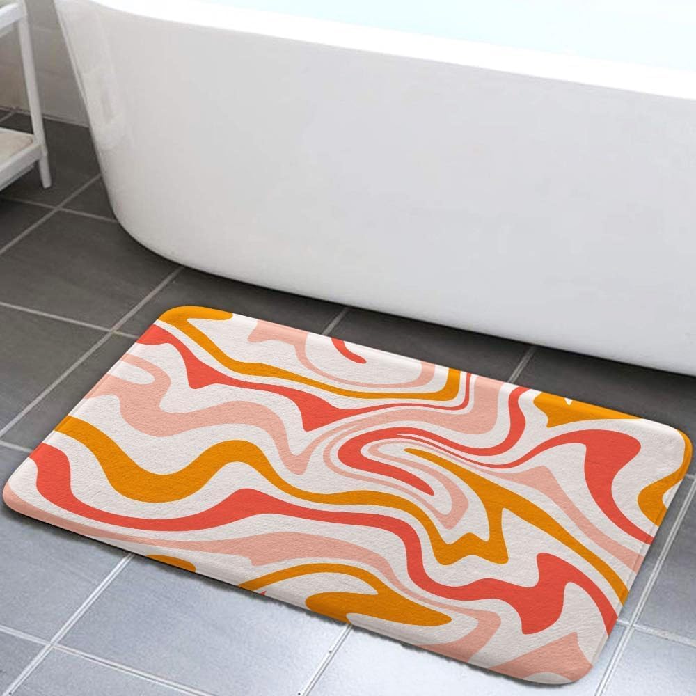 Retro Bohemian Abstract Wave Bathroom Carpet Pink Orange Gradient Anti-slip Mat Spiral Swirl Psychedelic Girl Heart Shower Mat 40X60cm