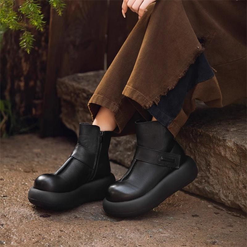 GKTINOO Genuine Leather Women Short Boots Retro Round Toe Shoes 2025 New Winter Handmade Soft Sole Flat Platform Boots
