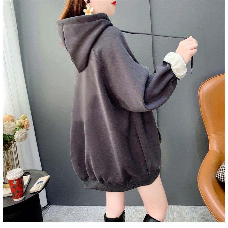 Velvet Thickened Pocket Hooded Sweatshirt for Women Autumn and Winter New Style Loose Mid-length Top and Jacket Trendy