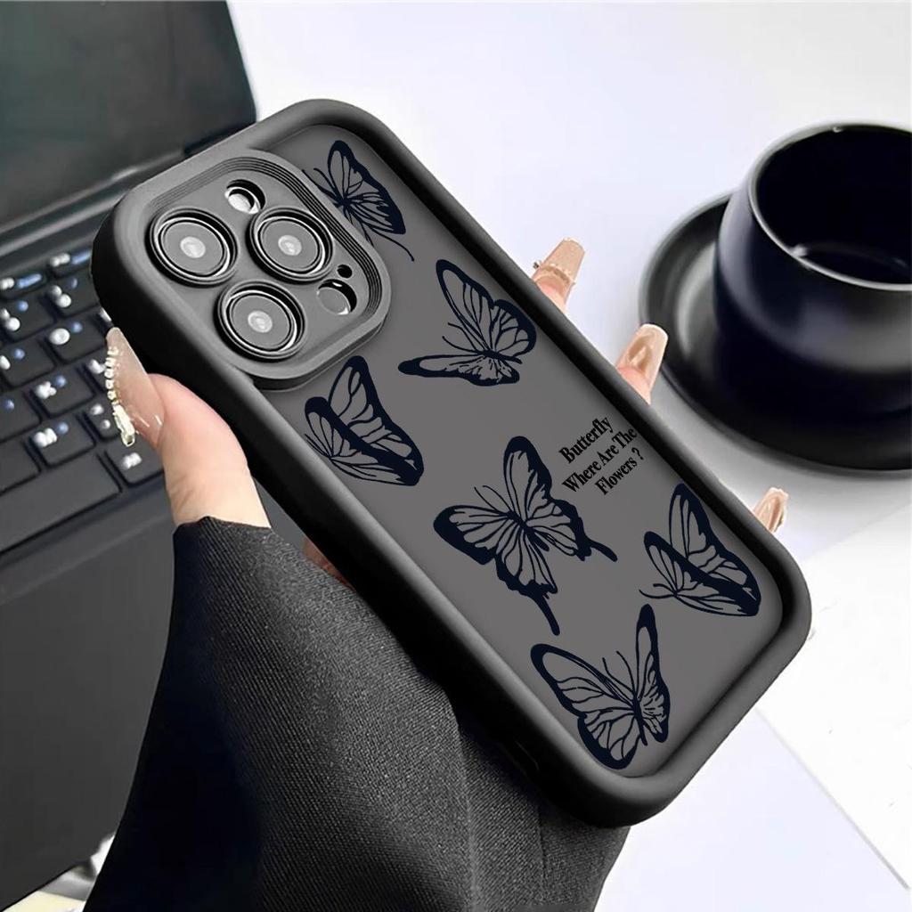 Black Butterfly Diamond Sand iPhone 15/16/17 Case with Eye Pattern Protection