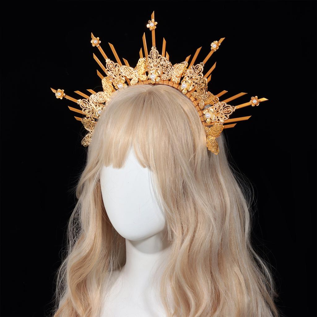Women Crown Halo Headpiece Wedding Headwear Cosplay Girls Sun Goddess Pearl Halloween Carnival Party Headdress Costume Props