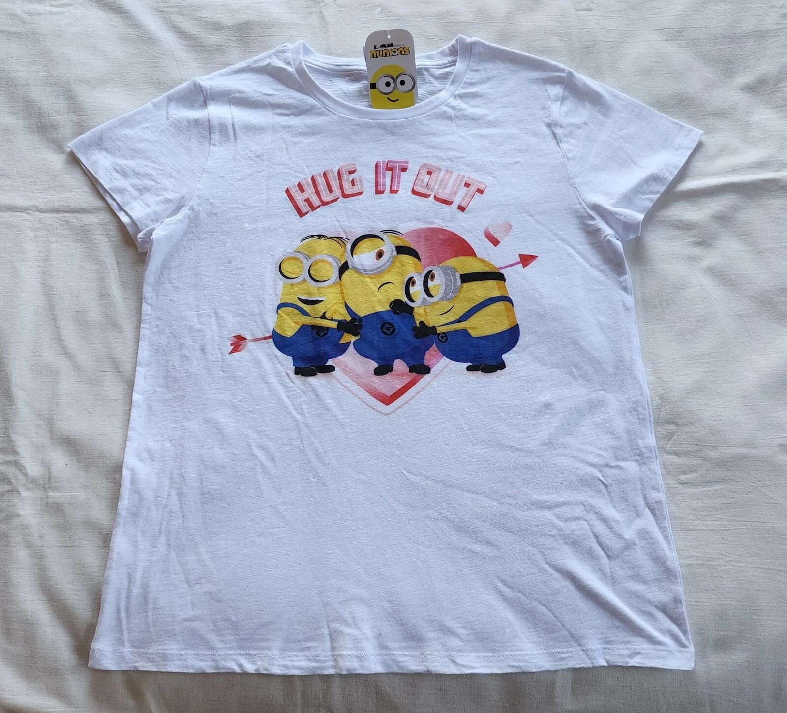Minions Ladies Hug It Out White Printed Short Sleeve T Shirt Size S New L