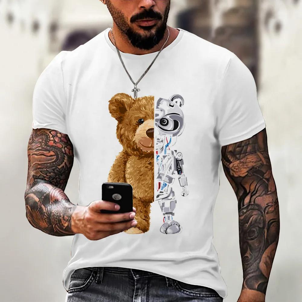 Camiseta casual masculina de verão com estampa fofa de ursinho de pelúcia, gola redonda, confortável e respirável, top casual urbano para atividades ao ar livre