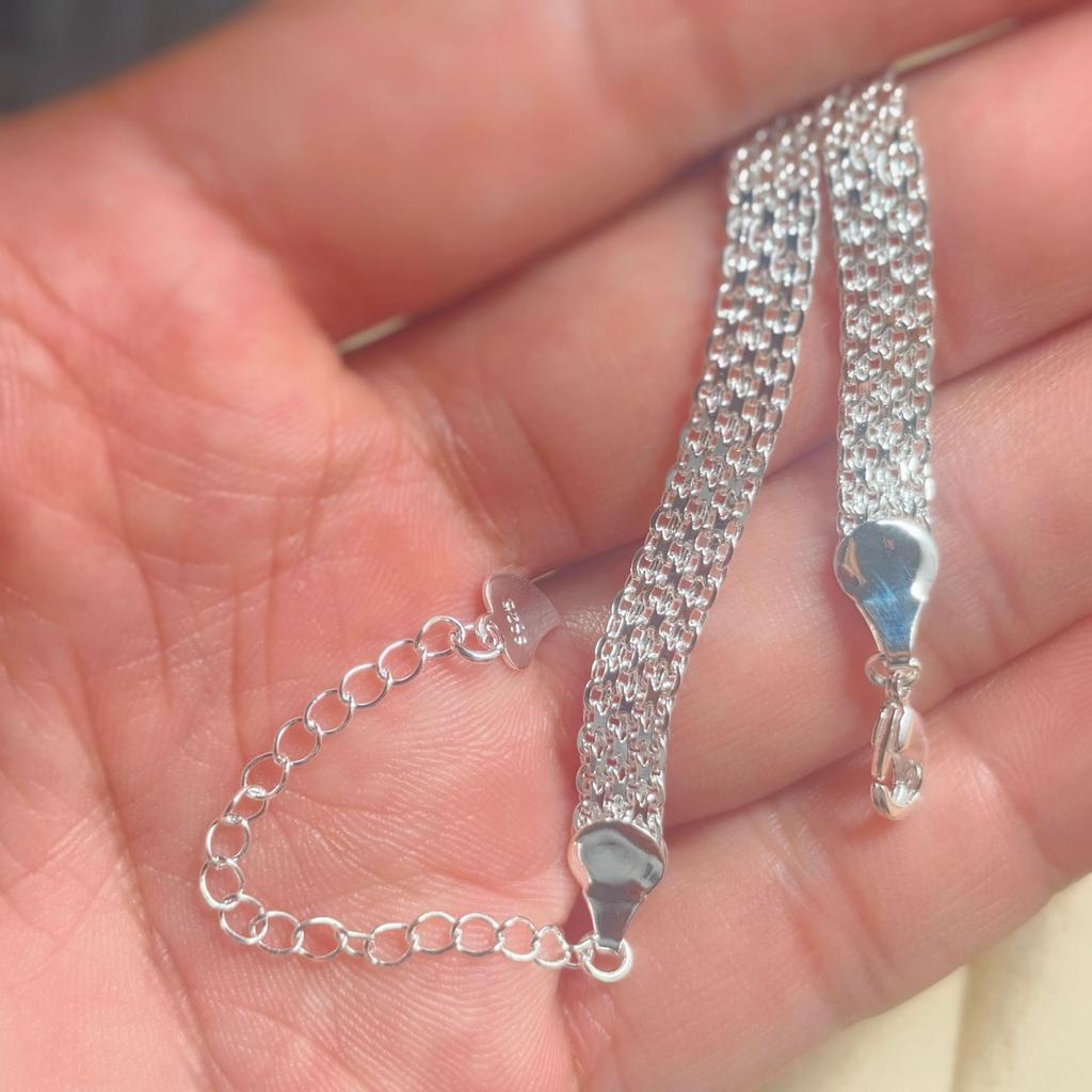 Silver Plated Embossed Grid Flat Watch Chain Bracelet Women's Fashion Accessories